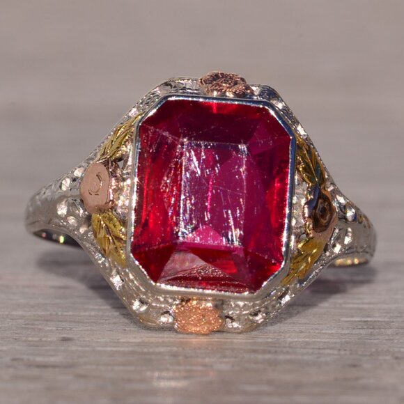 Art Deco Era Lab Ruby Ring in Tri Color Filigree Mounting - Picture 1 of 9